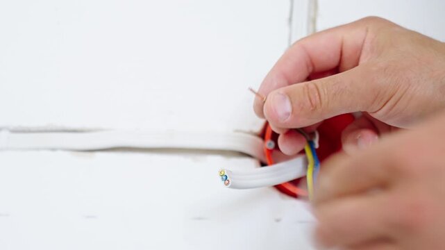 Electrician stripping wires for new wall outlet installation
