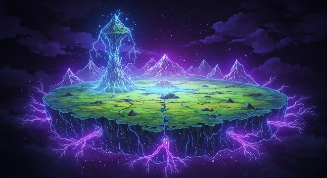 Floating island with lightning and mountains in space
