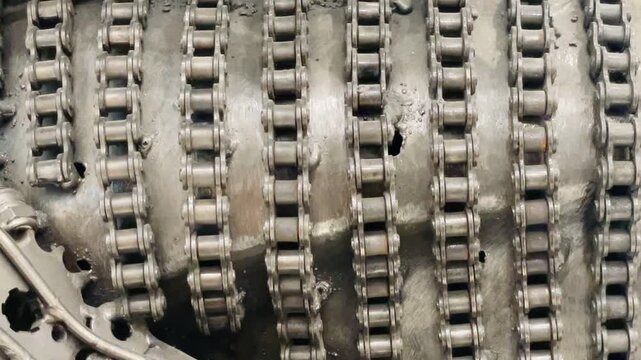 macro view of parallel metal roller chains and adjoining sprocket with worn bent rods, greasy grime, and industrial steel texture 