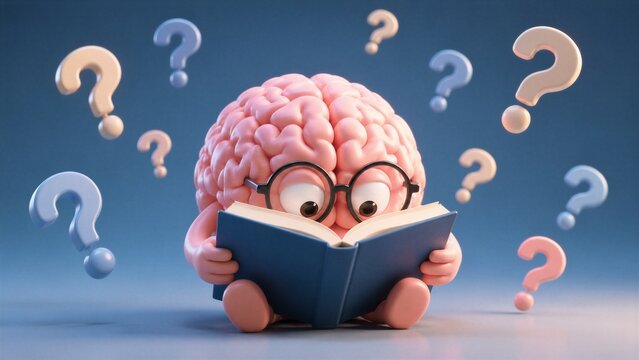 Cute brain with glasses reads a book. Surrounded by floating question marks. Bright pink and soft blue background. Curious expression suggests learning. Perfect for education or psychology themes
