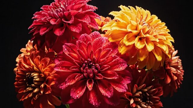 Close-up of vibrant dahlias in full bloom with water droplets against a stark black background, floral beauty