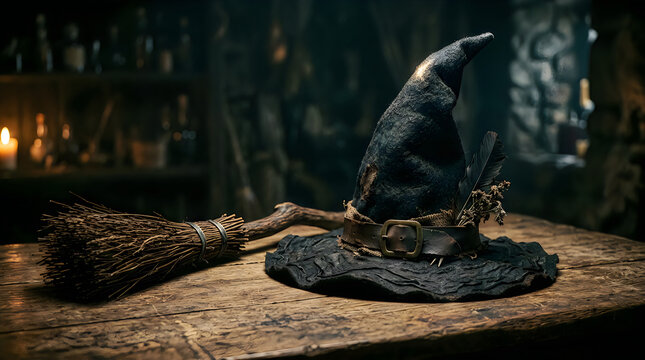 Witch hat and broom on rustic wooden table for magic concept with mysterious