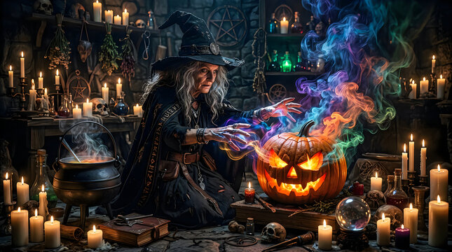 Enchanting witch casting magic spells with glowing pumpkin halloween mystical