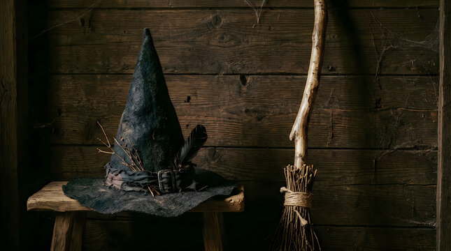 Rustic witch hat and wooden broomstick for halloween decor with broomstick
