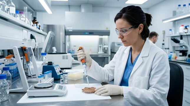 Female scientist performing food sample analysis in modern laboratory