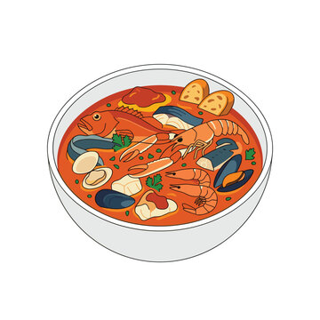Seafood soup bowl with fresh fish prawns mussels and bread slices vector illustration set