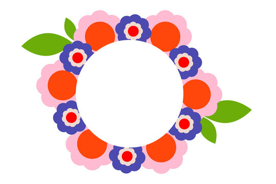 Colorful floral wreath with pink, orange, blue, green flowers and leaves surrounding a blank center. Ideal for invitations, wedding stationery, logos, labels, cards, posters, branding. High-resPNG