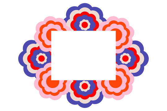 Colorful floral frame with flowers surrounding a blank rectangular center. Perfect for invitations, greeting cards, photos, labels, stickers, wedding designs, stationery, branding, social media, PNG
