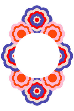 Colorful floral circle frame with pink, orange, and blue flowers surrounding a blank center. Ideal for wedding invitations, logos, photos, cards, stickers, scrapbooking, branding, and stationery, PNG.
