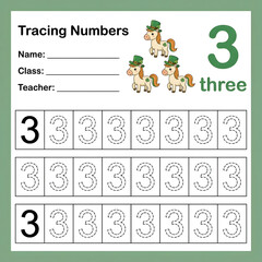 Fototapeta premium Tracing numbers worksheet for kids with number three and cute cartoon horses