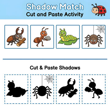 Shadow match cut and paste activity for children with various insect characters