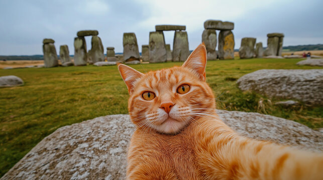 The cat makes a selfie against the background of Stonehenge, tourism, journey
