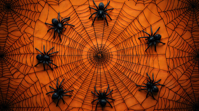 Scary black spiders on intricate halloween web background with halloween