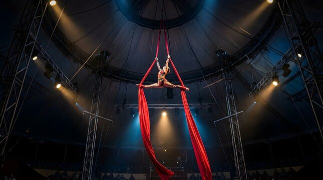 Acrobat performing an aerial silk split routine inside a circus tent