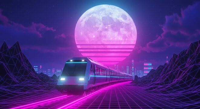 High speed train under large moon on grid landscape