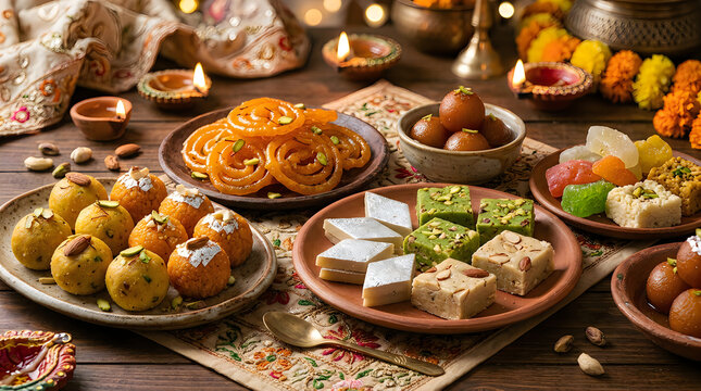 Traditional indian sweets and mithai platter for diwali festival with oil lamp