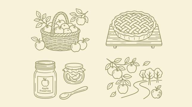 Set of apple harvest icons including a basket of apples, a lattice pie, jars of apple preserves, and an orchard scene with trees and fruit