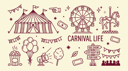 Carnival life vector set with circus tent, ferris wheel, carousel horse, popcorn, balloons, tickets, and bunting flags © Abu hamed shah
