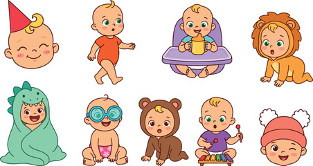 Fototapeta premium Vector collection of cute cartoon baby characters in funny animal costumes playing crawling and eating actions isolated on white background for kids design