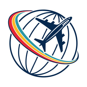 Airplane flying around a globe with colorful orbital ring travel logo airplane
