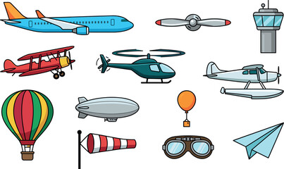 Vector collection of aviation aircraft elements featuring commercial airplane helicopter biplane hot air balloon and control tower isolated on white background for travel designs © MdMehedi