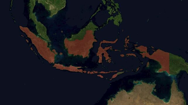 Satellite world map zooming in on Indonesia, country highlighted in red
