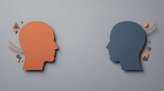 Minimalist human head silhouettes facing each other, conceptual paper cut art of communication, psychology and empathy metaphor