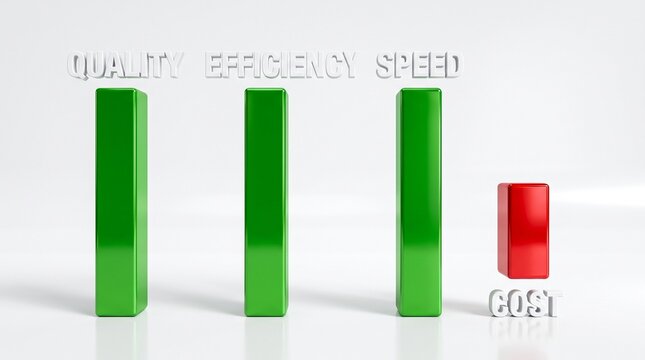 Business performance bar chart with quality efficiency speed and low cost, 3D financial graph showing growth and optimization
