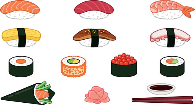 Vector collection of Japanese cuisine illustrations featuring assorted sushi rolls nigiri maki temaki chopsticks and soy sauce bowl isolated on white background