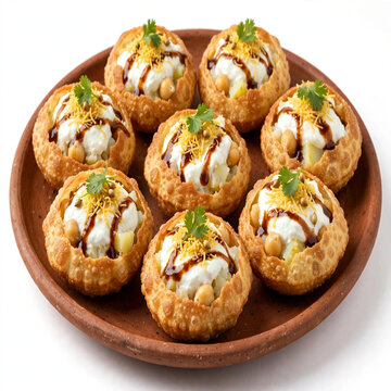 Dahi puri chaat with yogurt chickpeas potato sev and tamarind chutney on clay plate