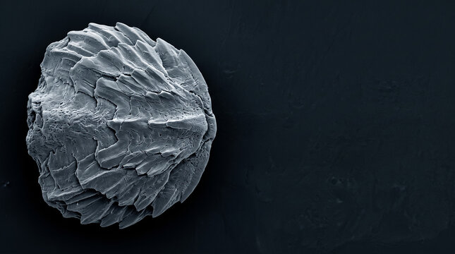 Scanning electron microscope close-up of a coelacanth fish scale, showing intricate, layered, and jagged mineralized textures on a dark background