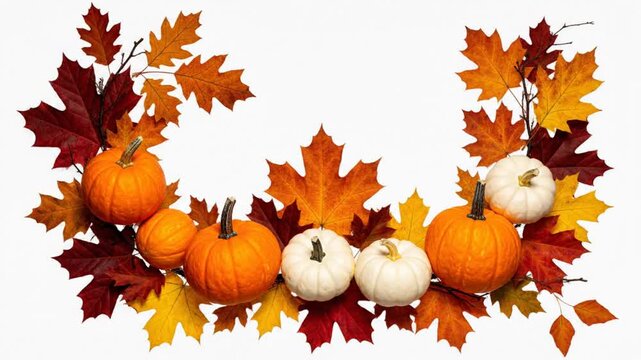 Festive autumn arrangement featuring various pumpkins and colorful fall leaves forming a decorative border on white background