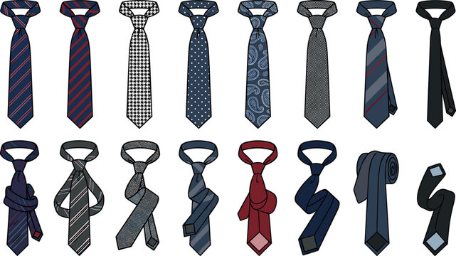 Men necktie vector set featuring silk ties with stripe polka dot paisley patterns and formal business suit accessories for professional fashion flat sketches.