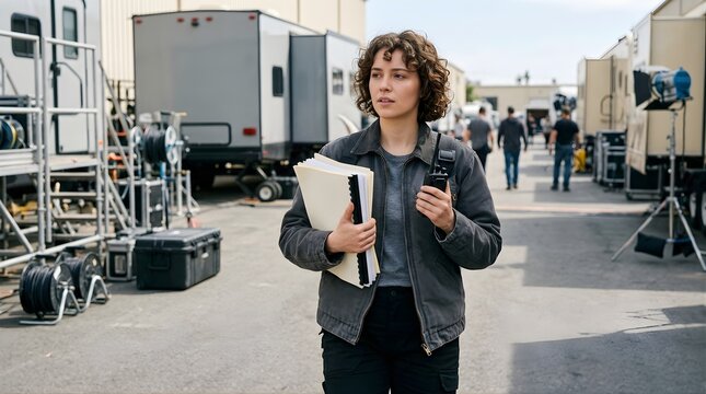 Female production coordinator walking with scripts on a film set outdoors