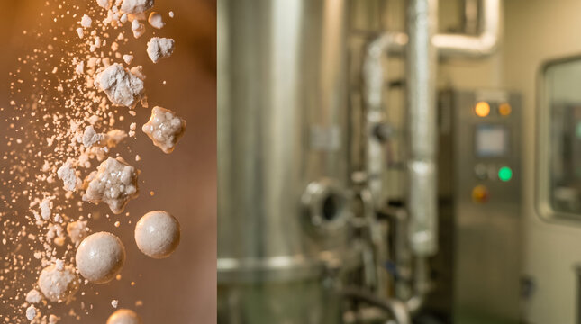 Fluid bed granulation process showing suspended pharmaceutical powder particles and granules next to a blurred stainless steel industrial manufacturing machine
