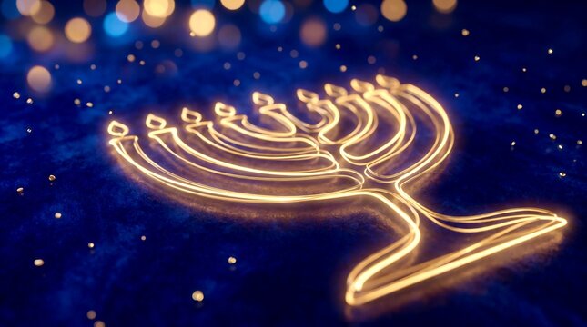 Elegant Hanukkah holiday background with an abstract golden menorah and glowing candles against a deep blue metallic fabric texture with bokeh.