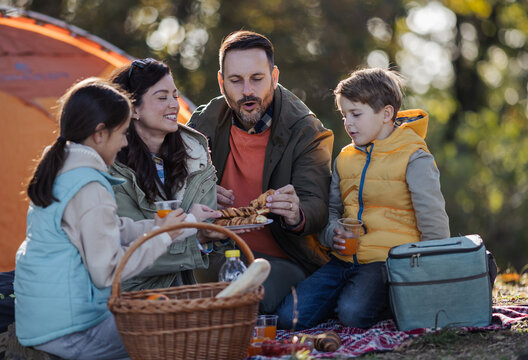 Family enjoys picnic in forest