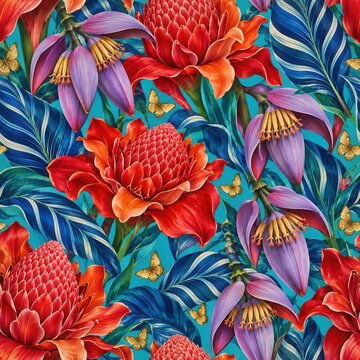 Seamless Pattern with Tropical Flowers and Butterflies