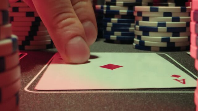 Casino player, Game of poker in casino, taking place with poker chips and cards on a green table betting chips, gambling place, roulette jack pot. All in bet game. 