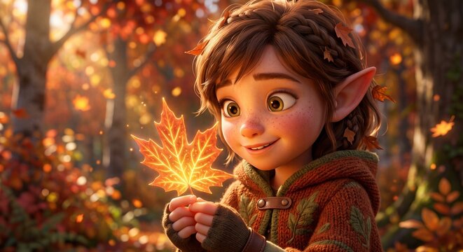 3D illustration of a cute little elf boy holding a glowing maple leaf in an autumn magical forest