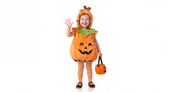 Happy little child in pumpkin costume waving hand and holding halloween bucket isolated on white background