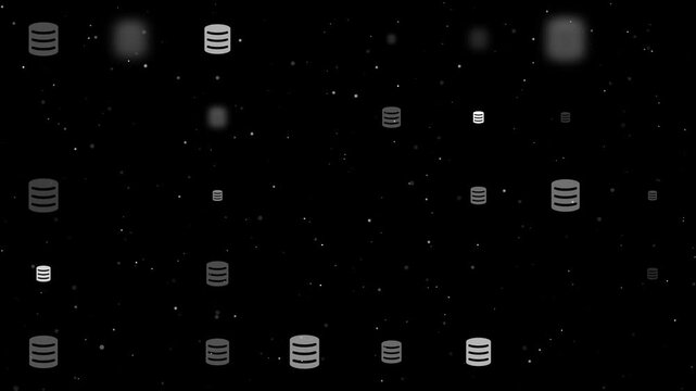 Template animation of evenly spaced database symbols of different sizes and opacity. Animation of transparency and size. Seamless looped 4k animation on black background with stars