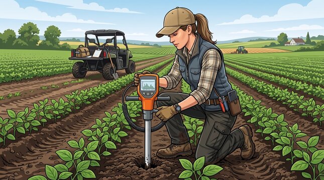 Farmer uses soil testing device in a field with a utility vehicle and tractor