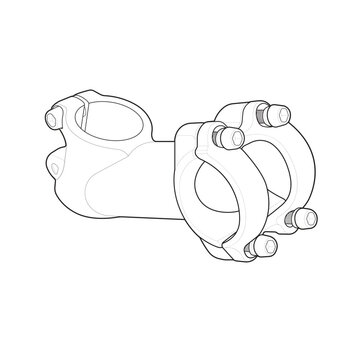 Clean outline illustration of a threadless bicycle stem with handlebar clamp, steerer tube clamp, bolts, and mechanical details isolated on a white background
