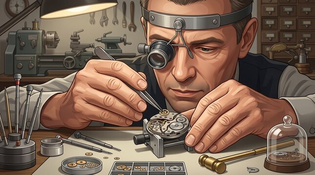 Watchmaker meticulously repairs intricate timepiece mechanism with precision tools
