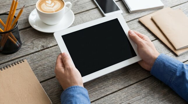 Man hands holding a tablet with a blank screen on a wooden desk
