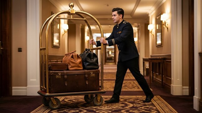 Hotel Bellboy Pushing Gold Luggage Cart Through Elegant Corridor