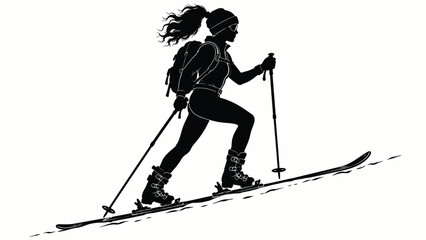 Fototapeta premium Black silhouette of a female skier gliding downhill on snow with ski poles, isolated winter sports illustration on a clean white background