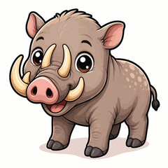 Fototapeta premium Cute cartoon warthog with large curved tusks, rounded body, expressive eyes, and detailed brown skin, isolated on a white background