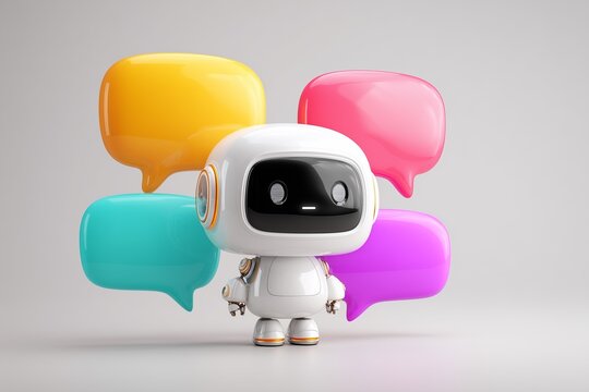 Isometric view of a cute white chatbot robot surrounded by colorful blank speech bubbles, AI assistant concept, 3D illustration